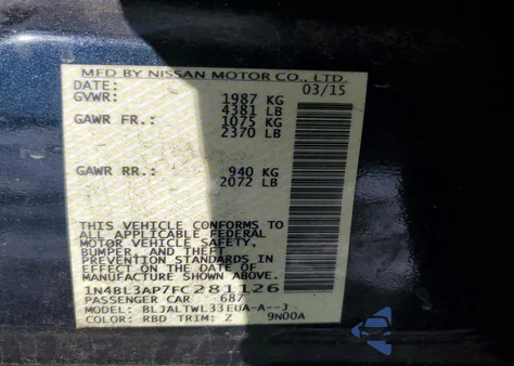 2015 Nissan Altima 3.5S из США, поврежденный, VIN 1N4BL3AP7FC281126